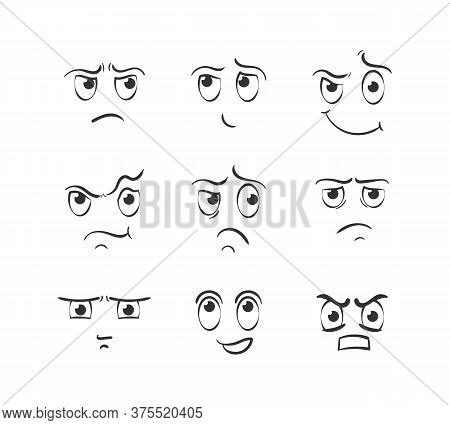 Set Of Cartoon Face Emotions On White Background. Expressive Eyes And Mouth, Smiling, Crying And Sur