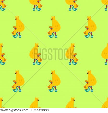 Bear On Bicycle Pattern Seamless. Beast Rides Bicycle Background. Baby Fabric Texture