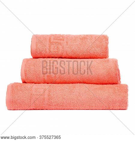 3 Frotte Towels Peach Color, Bedroom Towel White Backgroung. Colorful Peach Bath Towels Isolated On 