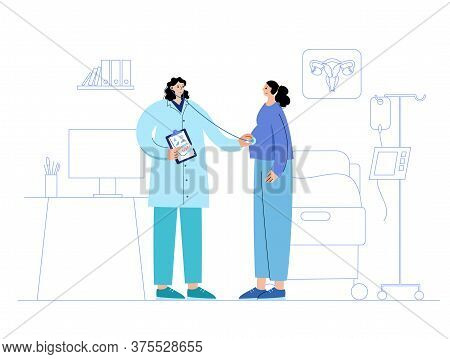 Pregnant Girl At The Doctors Appointment. Women Health Clinic. Gynecologists Office. Examination Of 