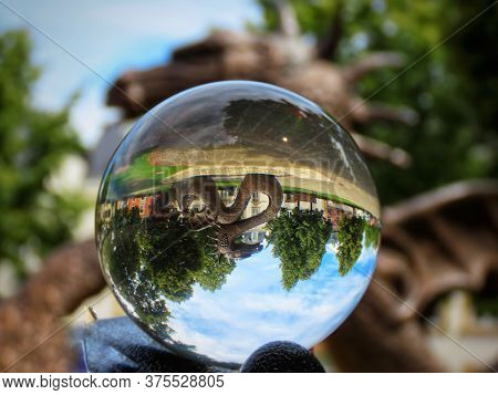 Dragon Of Mersch. Bronze Sculpture And Fountain By P.eyschen Seen Through Crystal Ball. Mersch, Luxe