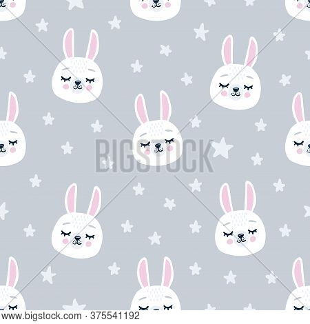 Seamless Pattern With Cat Head Face With Closed Eyes. Cute Cartoon Funny Character On Grey Backgroun