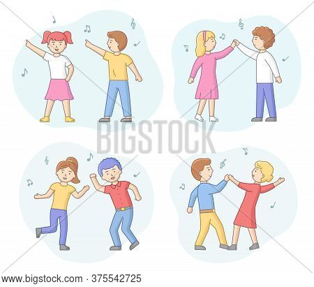 Concept Of Dance Party. Group Of Fashion People Are Dancing Together. Satisfied Couples In Different