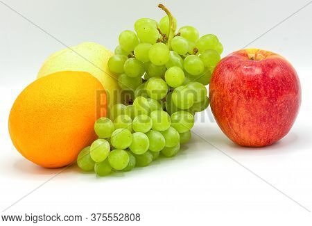 Fresh Fruits,apple,green Grapes,orange,pyrus Pyrifolia,composition With Assorted Fruits On White Bac