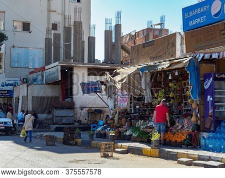 Hurgada, Egypt - February 2020: Market Stack Full Of Ripe Fruits And Vegetables, Medium View. Arabia