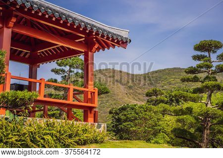 Japanese Red Gazebo In The Japanese Garden
