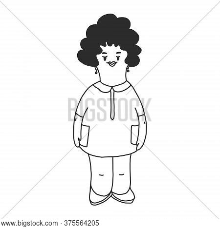 Nice Plump Woman In A Dress. The Funniest Character. Hand Drawn Doodle Style Vector Illustration Des