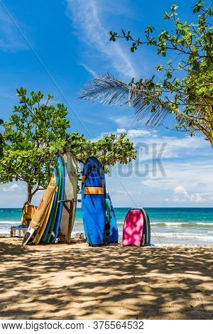 KUTA BALI - INDONESIA, FEBRUARY 7 : Surfboards on the famous beach of Kuta in Bali Indonesia February 7th, 2020