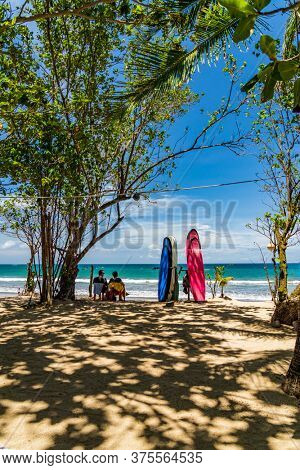 KUTA BALI - INDONESIA, FEBRUARY 7 : Surfboards on the famous beach of Kuta in Bali Indonesia February 7th, 2020