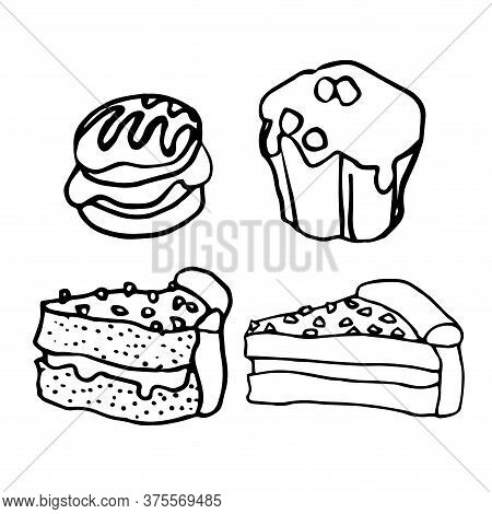 Different Pastries, Cake, Muffins, Boucher With Cream, Dessert For Holidays And Birthday, Vector Ill