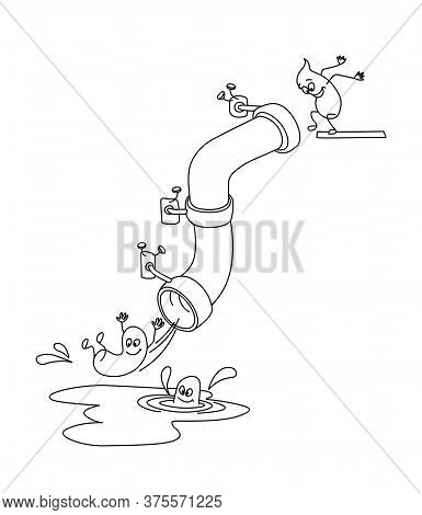 Cute Poops Having Fun And Sliding Down A Sewer Pipe, Water Slide Conception, Funny Caricature, Vecto