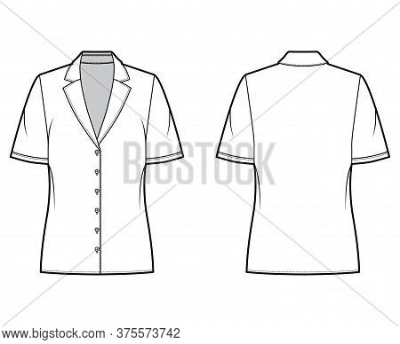 Pajama Style Blouse Technical Fashion Illustration With Retro Camp Collar, Short Sleeves, Loose Fit 
