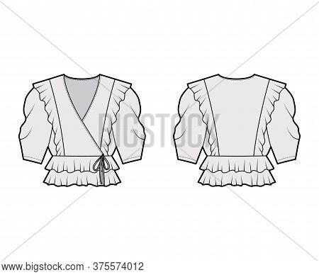 Ruffled Wrap Blouse Technical Fashion Illustration With Peplum Hem, Elbow Volume Sleeves. Flat Appar