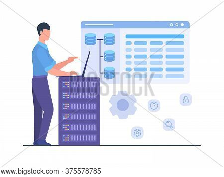 Man Engineer Stand Work On Laptop Maintenance Database Server Service Storage Internet Tec.