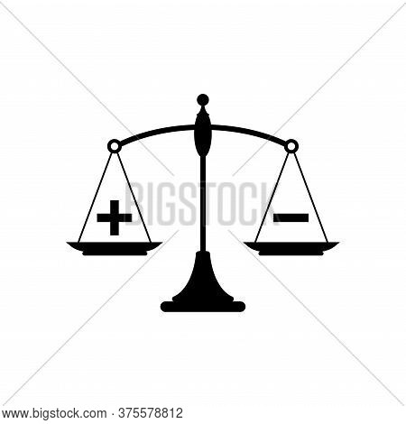 Black Mechanical Scales With Plus And Minus In Pans. Value, Solution And Rationality Balance.