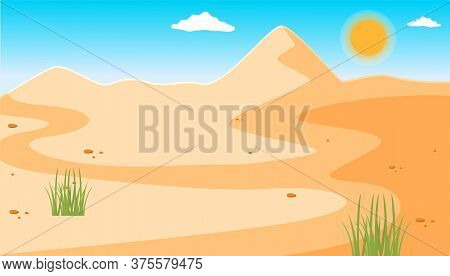 Illustration Of A Desert With A Clear Blue Sky, Small Rare Green Plants. Desert Mountains Sandstone 