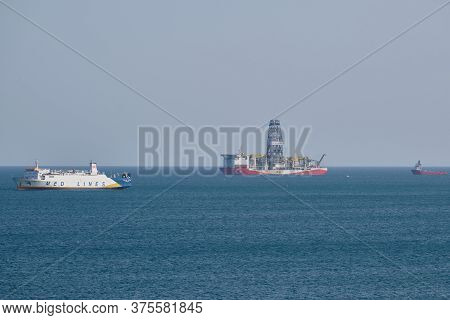 Turkish Offshore Drilling Platform Vessel Does Exploration Of Mineral Deposits. Tasucu, Mersin, Turk