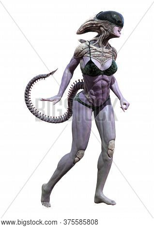 3D Rendering Female Alien On White