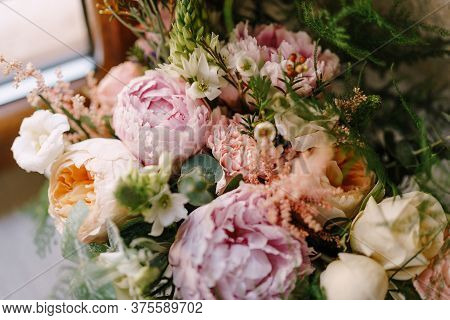 Bridal Bouquet Of Cream Roses, Pink Peonies, Eustoma, Waxflower, Astilbe, Limonium, Branches Of Euca