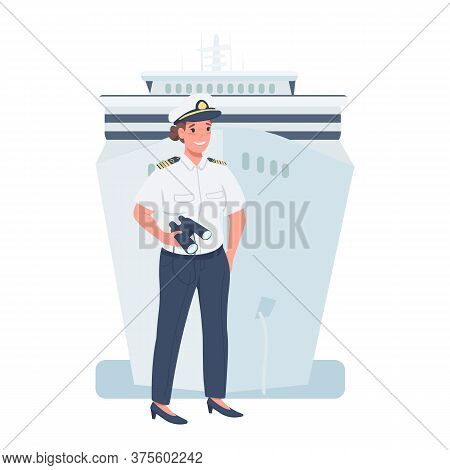 Woman Ship Captain Flat Color Vector Detailed Character. Gender Equality At Workplace. Cheerful Lady