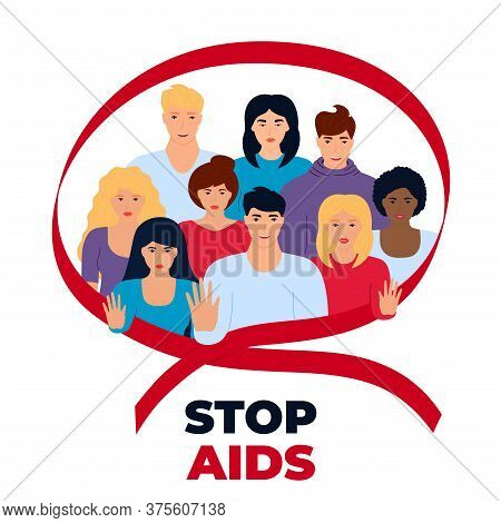 A Diverse Multi-ethnic Group Of People Is United By The Struggle Against Aids. Men And Women Show A 