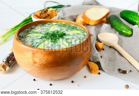 Close-up Traditional Russian Summer Cold Soup, Okroshka. Bulgarian Cold Soup, Tarator Served On The 