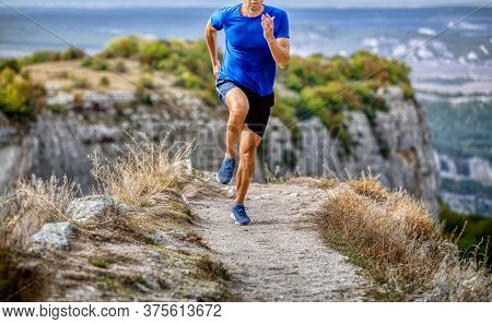 Runner Athlete Run Mountain Narrow Trail Along Canyon