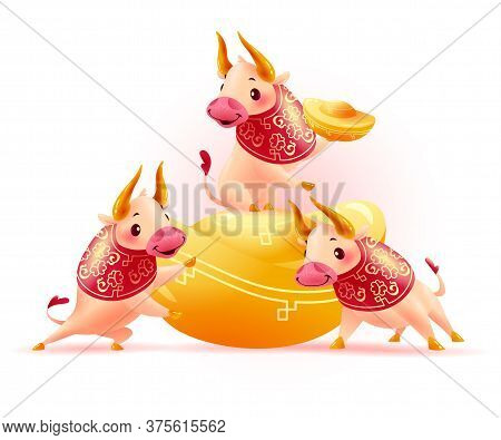 Happy Chinese Bull Mascot Characters In Traditional Hanfu Pattern With Gold Ingots Isolated On White