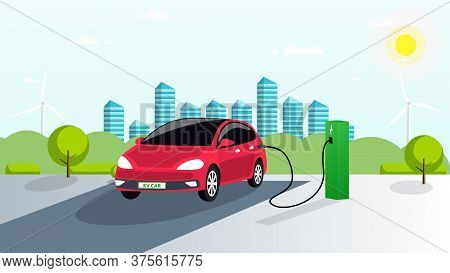 The Electric Car Is Charged In The Parking Lot From Renewable Energy Sources. Green Charging Station