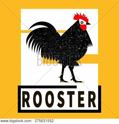 Rooster Black Silhouette. Black, Yellow, White. Grunge Cock Label, Sticker For Rooster Manufacturing
