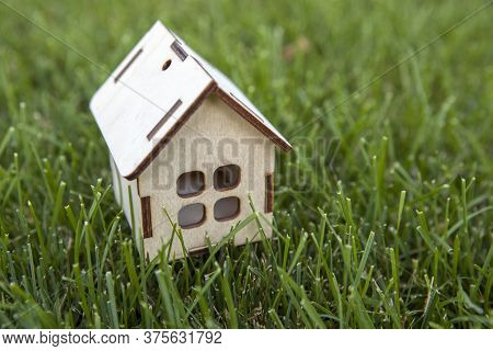 Small Wooden House On The Lawn Green Grass Closeup