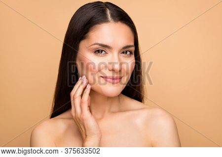 Close-up Portrait Of Her She Nice-looking Attractive Lovely Pretty Charming Woman Touching Cheek Per