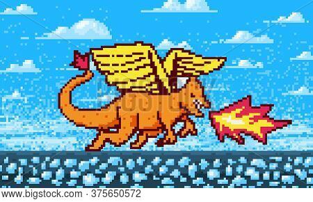 Fire Dragon And Clouds. Game Concept. Pixel Art 8 Bit Objects. Retro Digital Game Assets. Fashion Ic