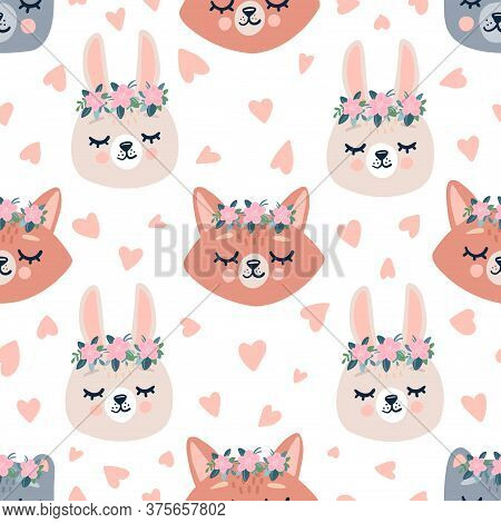 Cute Seamless Spring Pattern With Sleeping Forest Animals In Wreaths. Hand Drawn Background With Ani