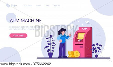 Atm Machine Concept. Man Perform Financial Transactions Using Atm. People Are Waiting Near Atm Machi