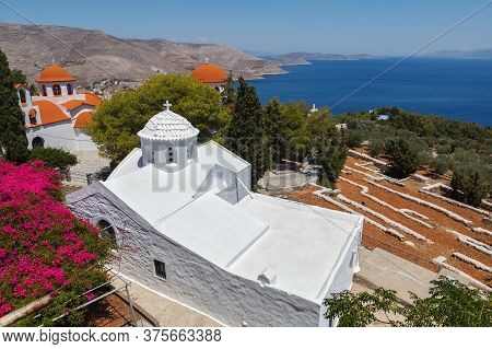Beautiful Monastery Of Agios Savvas Located On Top Of A Hill Above Pothia Town, The Capital Of Kalym