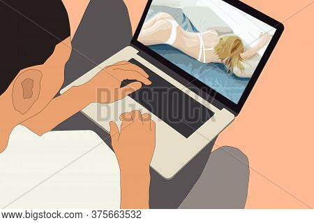 Porn, Pornography And Pornographic Content On The Computer. Silhouette Of Sexy And Attractive Woman 