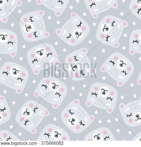 Seamless Pattern With Bear Head Face With Closed Eyes. Cute Cartoon Funny Character On Grey Backgrou