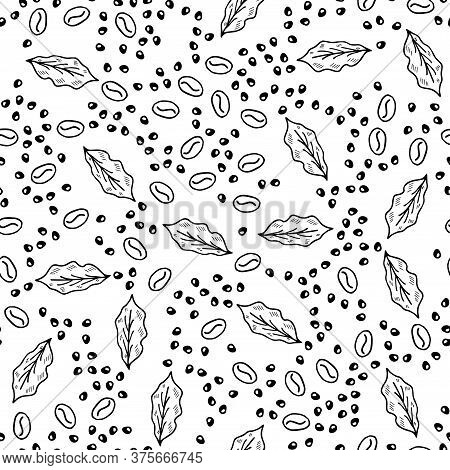 Black Dots, Coffee Beans And Leaves Background In Doodle Style. Sketchy Hand Drawn Seamless Pattern.