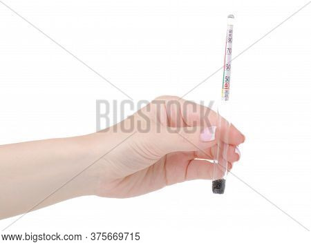 Hand Holding Glass Alcohol Meter For Determining The Amount Of Alcohol On White Background Isolation