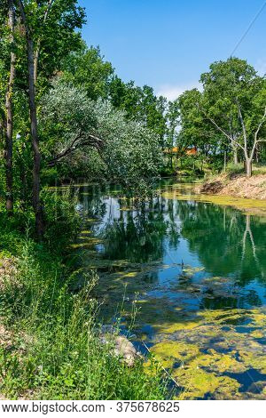 View Of The Beautiful El Clot De La Mare De Deu Pond Located In The Town Of Burriana With Reflection
