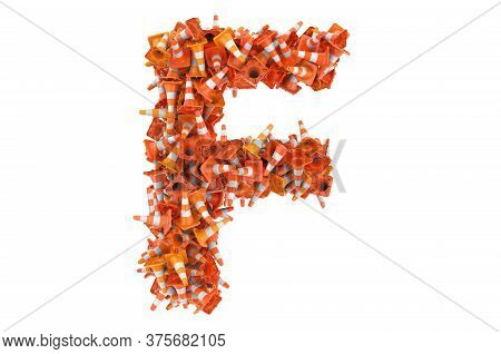 Letter F From Traffic Cones, 3d Rendering Isolated On White Background