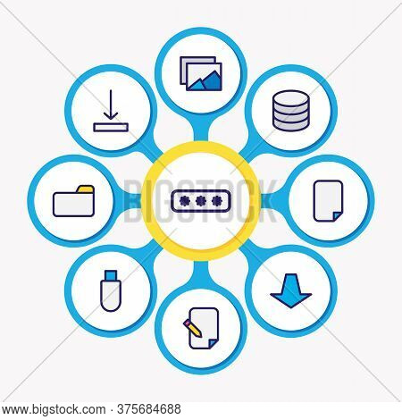 Vector Illustration Of 9 Storage Icons Colored Line. Editable Set Of Pull, Download, Password And Ot