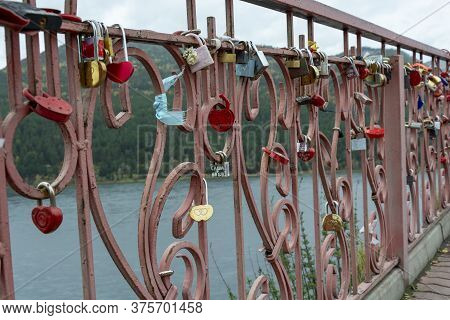 Russia, The City Of Krasnoyarsk, An Observation Deck Tsar Fish. 09/26/2017. A Metal Fence Is Hung Wi