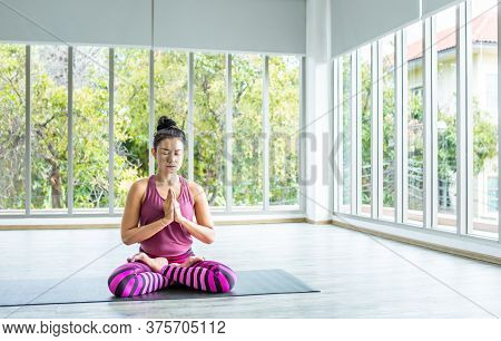 Asian Women Workout Practicing Yoga Training Put On Pink Clothes And Practice Meditation Wellness Li