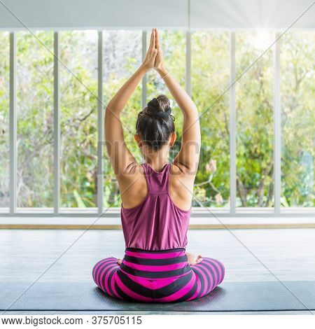 Asian Women Workout Practicing Yoga Training Put On Pink Clothes And Practice Meditation Wellness Li