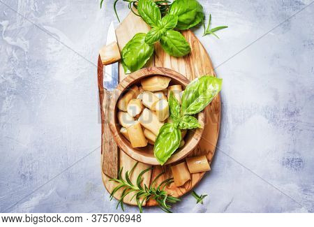 Traditional Smoked Chechil Cheese In Bowl And Cutting Board, Top View