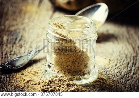 Ground Ginger, Old Wooden Background, Selective Focus