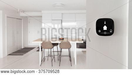 Smart home banner. IoT House automation domotics panoramic. Technology thermostat device with app icons showing temperature and heat cool adjustment.