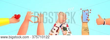 Set Of Hands Holding Phone, Giving Likes, Thumb Up, Heart Shape Gesture, Clapping. 3d Render  Illust